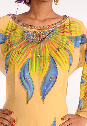 Hand Painted Georgette Moroccan Abaya in Yellow