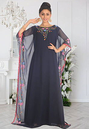 Hand Painted Georgette Moroccan Kaftan in Navy Blue