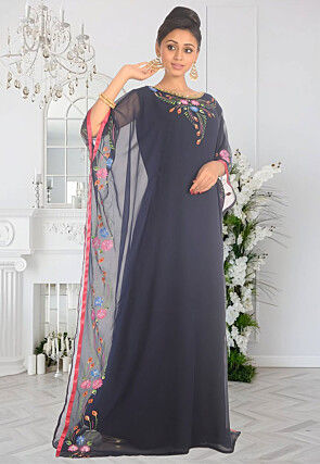 Hand Painted Georgette Moroccan Kaftan in Navy Blue