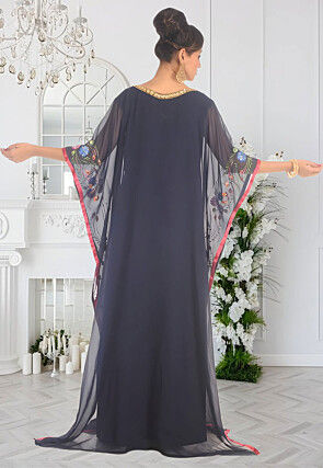 Hand Painted Georgette Moroccan Kaftan in Navy Blue