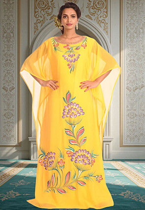 Hand Painted Georgette Moroccan Kaftan in Yellow