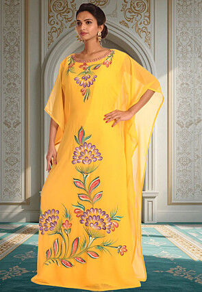 Hand Painted Georgette Moroccan Kaftan in Yellow