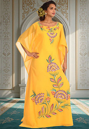 Hand Painted Georgette Moroccan Kaftan in Yellow