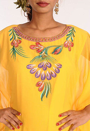 Hand Painted Georgette Moroccan Kaftan in Yellow
