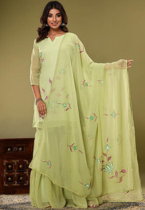 Hand Painted Georgette Pakistani Suit in Light Green