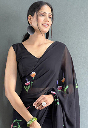Hand Painted Georgette Saree in Black