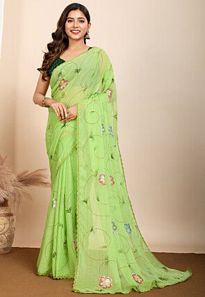 Hand Painted Georgette Saree in Light Green