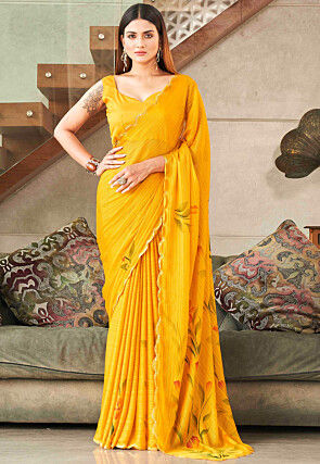 Hand Painted Georgette Saree in Mustard