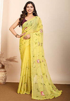 Hand Painted Chiffon Saree in Yellow