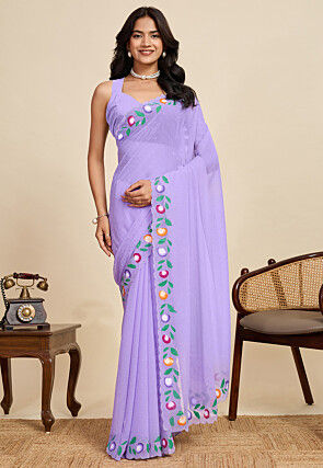 Embellished Georgette Scalloped Saree in Light Purple