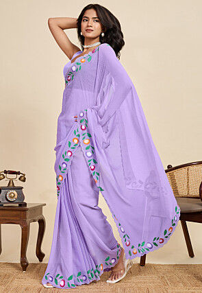 Embellished Georgette Scalloped Saree in Light Purple