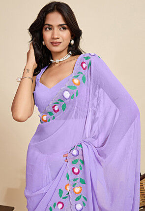 Embellished Georgette Scalloped Saree in Light Purple