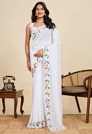 Embellished Georgette Scalloped Saree in White