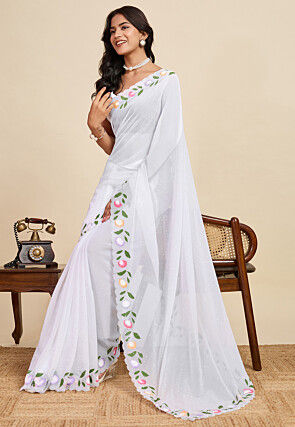 Embellished Georgette Scalloped Saree in White