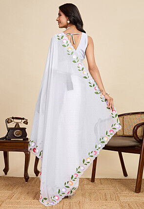 Embellished Georgette Scalloped Saree in White