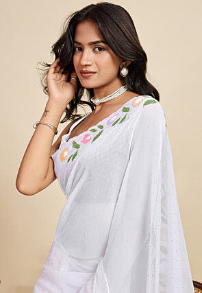 Embellished Georgette Scalloped Saree in White