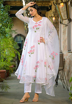 Hand Painted Kota Doria A Line Suit in Off White