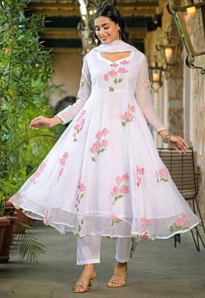 Hand Painted Kota Doria A Line Suit in Off White