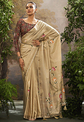 Hand Painted Linen Silk Saree in Beige