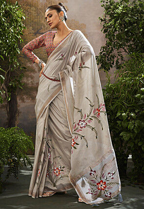 Hand Painted Linen Silk Saree in Grey