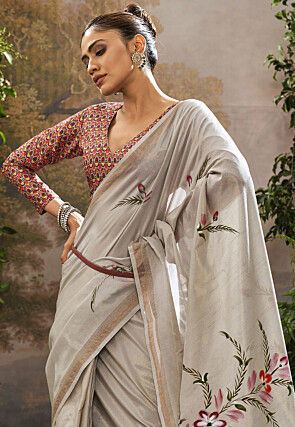 Hand Painted Linen Silk Saree in Grey