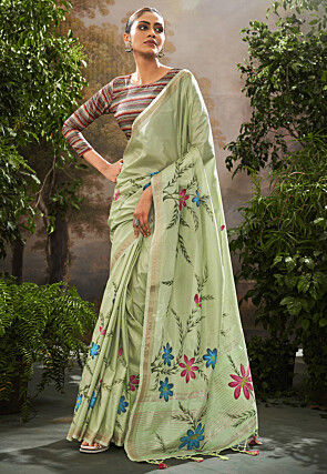 Hand Painted Linen Silk Saree in Light Green