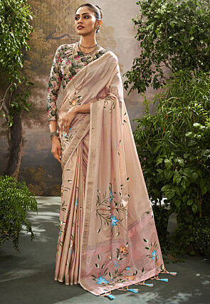 Hand Painted Linen Silk Saree in Peach