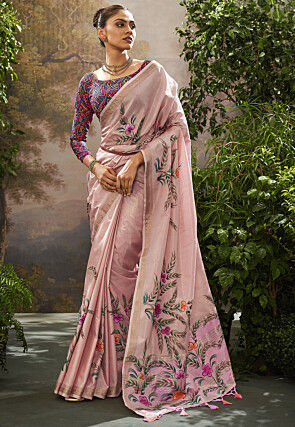 Hand Painted Linen Silk Saree in Pink