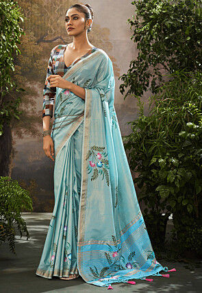 Hand Painted Linen Silk Saree in Sky Blue