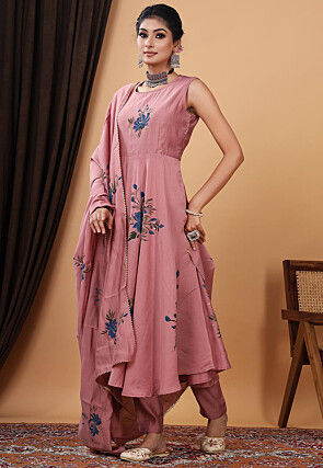 Hand Painted Modal Silk Anarkali Suit in Old Rose