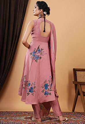 Hand Painted Modal Silk Anarkali Suit in Old Rose