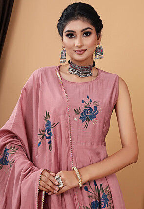 Hand Painted Modal Silk Anarkali Suit in Old Rose