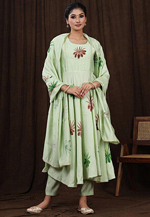 Hand Painted Modal Silk Anarkali Suit in Pastel Green
