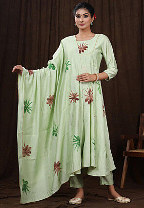 Hand Painted Modal Silk Anarkali Suit in Pastel Green