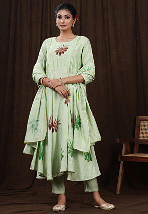 Hand Painted Modal Silk Anarkali Suit in Pastel Green