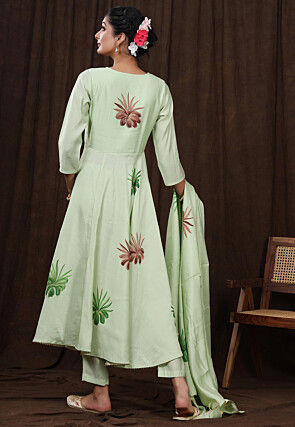 Hand Painted Modal Silk Anarkali Suit in Pastel Green