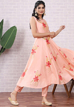 Hand Painted Modal Silk Anarkali Suit in Peach
