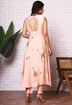Hand Painted Modal Silk Anarkali Suit in Peach