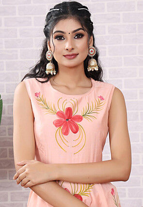 Hand Painted Modal Silk Anarkali Suit in Peach