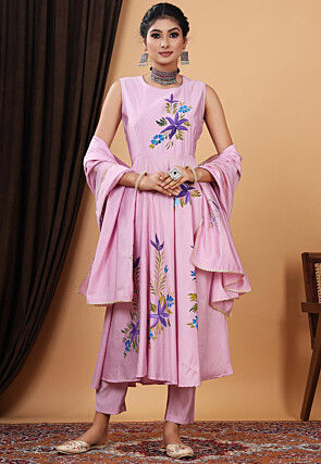 Hand Painted Modal Silk Anarkali Suit in Pink