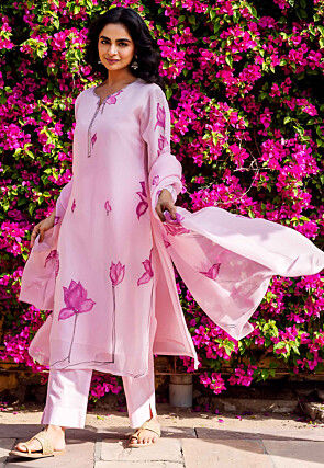 Hand Painted Organza Pakistani Suit in Baby Pink