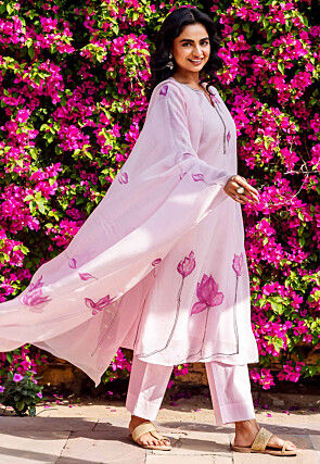 Hand Painted Organza Pakistani Suit in Baby Pink
