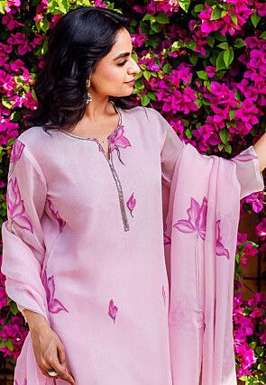 Hand Painted Organza Pakistani Suit in Baby Pink
