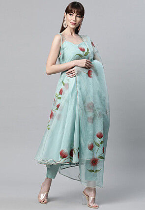 Hand Painted Organza Pakistani Suit in Sky Blue