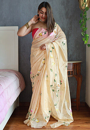 Hand Painted Organza Saree in Beige