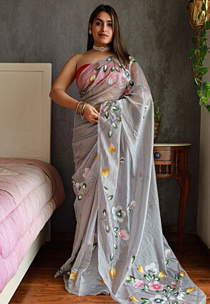 Hand Painted Organza Saree in Grey