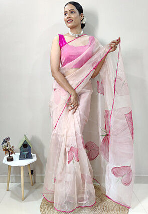 Hand Painted Organza Saree in Off White and Pink