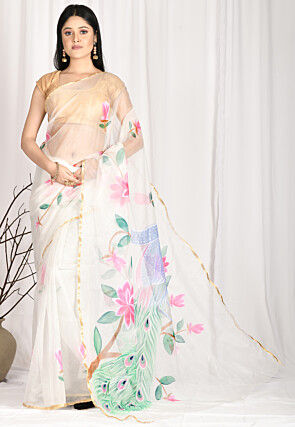 Hand Painted Organza Saree in Off White