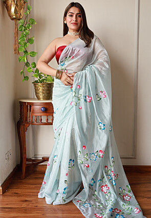 Hand Painted Organza Saree in Pastel Blue