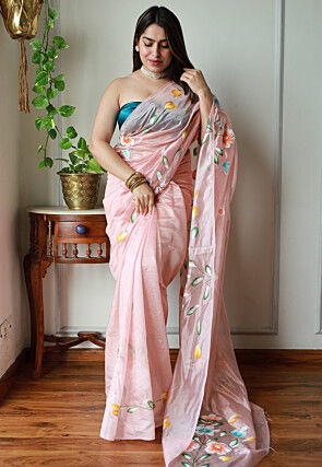 Hand Painted Organza Saree in Peach
